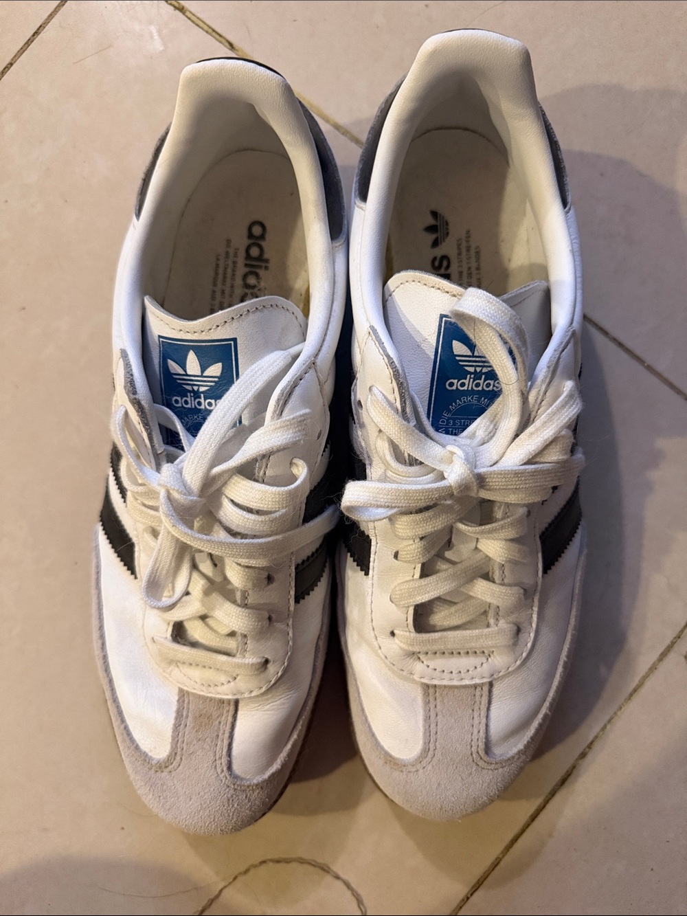adidas White Black Retro Trainer Sneakers with Blue Tongue Logo - worn x1